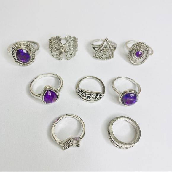 Bohemian Purple Stone Silver Tone Ring Set 9pc - Picture 4 of 4